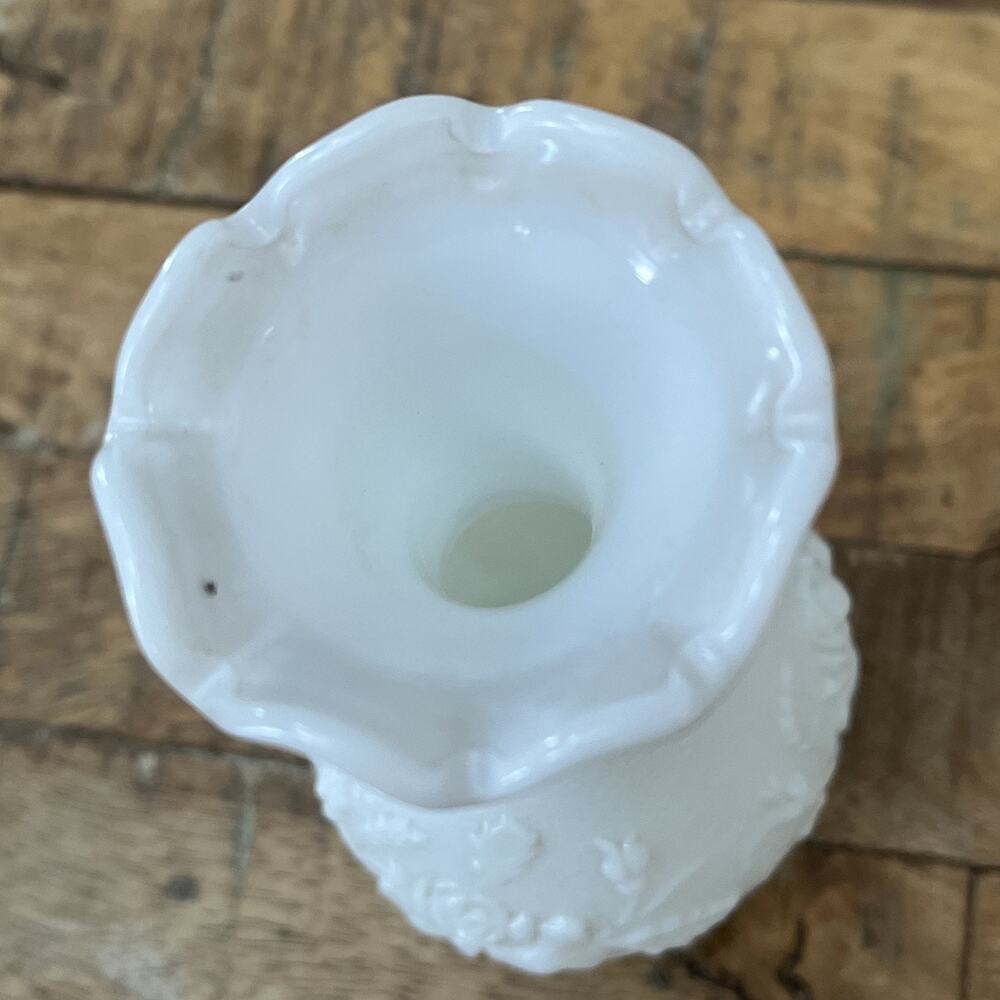 Imperial Milk Glass Bud Vase Embossed Roses Ruffled Scalloped Rim - Picture 5 of 12